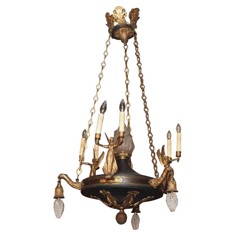 Antique French Empire Bronze And Tole, French Empire Chandelier Bronze